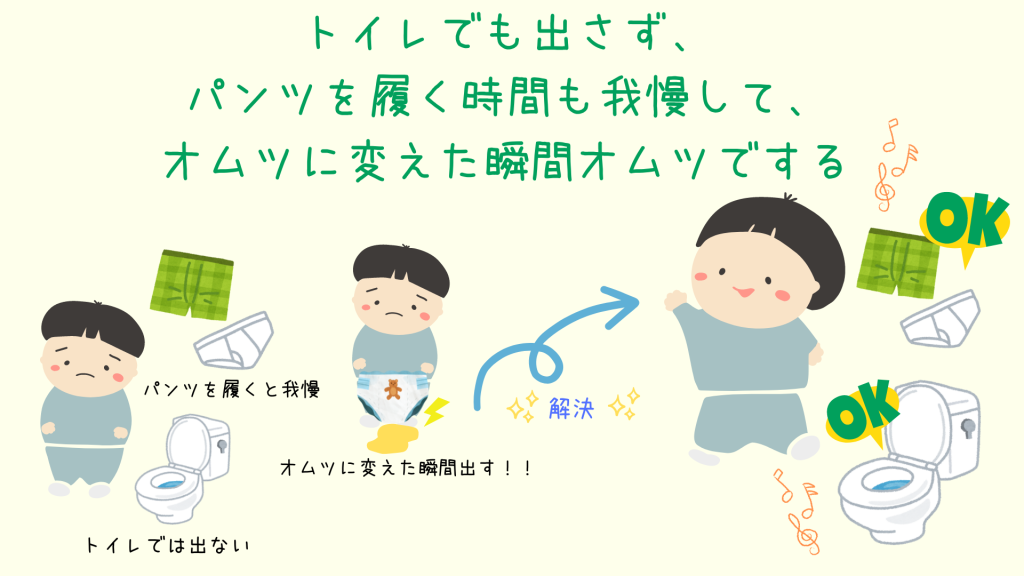 トイレでも出さず、パンツを履く時間も我慢して、オムツに変えた瞬間オムツでする