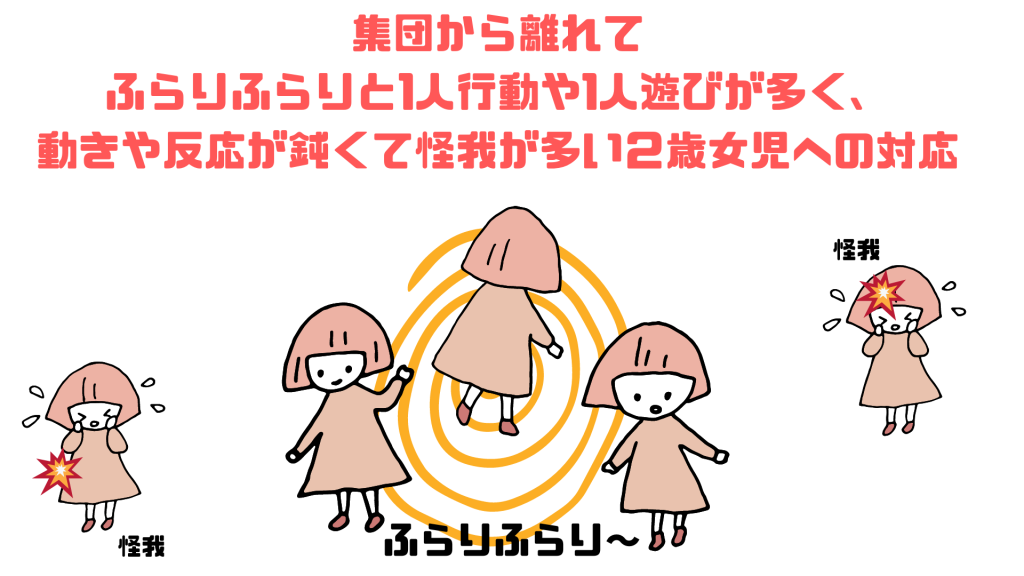 集団から離れてふらりふらりと1人行動や1人遊びが多く、動きや反応が鈍くて怪我が多い２歳女児への対応